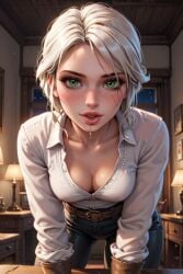 ai_generated breasts ciri clothing female green_eyes light-skinned_female looking_at_viewer macizous69 open_mouth saliva scar solo the_witcher_(series) the_witcher_3:_wild_hunt white_hair