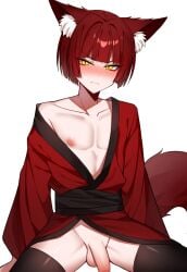 1boy ai_generated animal_ear_fluff animal_ears arm_support bangs black_thighhighs blunt_bangs blunt_ends blush bob_cut closed_mouth collarbone embarrassed flaccid foreskin fox_boy fox_ears fox_tail frown japanese_clothes kimono long_sleeves looking_at_viewer male male_focus male_only milua nipples no_male_underwear nose_blush novelai off_shoulder original original_character pectorals penis red_hair red_kimono sash self_upload short_hair simple_background single_bare_shoulder sitting slit_pupils solo solo_male spread_legs tail testicles thighhighs tsurime uncensored v-shaped_eyebrows white_background wide_sleeves yellow_eyes