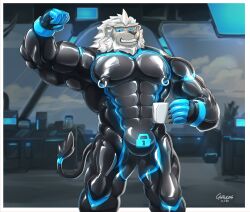 2022 abs absurd_res anthro areola barazoku biceps big_muscles biped black_body black_fur blue_eyes dronesuit eyewear eyewear_on_head felid flexing flexing_bicep fur glasses glasses_on_head glaucablitz hi_res holding_coffee_mug lion lock_bulge looking_at_viewer male mammal mane muscular muscular_anthro muscular_male muscular_sub nipple_piercing nipple_ring nipples pantherine pecs piercing pink_nipples ring_piercing solo standing submissive submissive_anthro submissive_male white_body white_fur white_mane