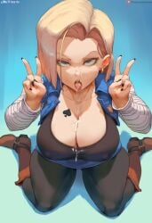 1girl ai_generated android_18 big_breasts black_nail_polish black_nails blonde blonde_female blonde_hair blonde_hair_female blue_eyes blue_eyes_female boob_tattoo boots breast_tattoo breasts cleavage clothed clothed_female cum cum_in_mouth cum_on_breasts cum_on_face cutesexyrobutts_(ai_style) cutesexyrobutts_(style) cutesexyrobutts_ai_artstyle_imitation double_peace_sign double_v double_v_sign dragon_ball female female_focus female_only huge_breasts kneeling large_breasts light-skinned_female light_skin nipples nipples_visible_through_clothing on_knees pantyhose peace_sign queen_of_spade_symbol queen_of_spade_tattoo queen_of_spades queen_of_spades_symbol queen_of_spades_tattoo spade spade_tattoo spread_legs thick thick_thighs thighs tongue tongue_out v v_sign