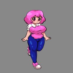 ann_(thatartistann) big_breasts breasts clothed clothed_female cute cute_face cute_girl jeans nipple_bulge pink_clothing pink_hair short_hair thatartistann thick