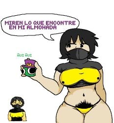 black_hair bouser hairy_pussy holding_partner medium_breasts no_context panties safe_for_work short_hair sleeveless_sweater slime smaller_male spanish_text sweater tomboy turtleneck white_skin yellow_underwear