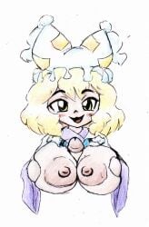 big_breasts blonde_hair blonde_hair blush breasts_bigger_than_head disembodied_penis hat holding_breast huge_breasts open_smile ran_yakumo squished_breasts squishing_breasts thatartistann touhou touhou_project yakumo_ran