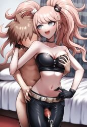 1boy 1boy1girl 1girls :d ai_generated bare_shoulders big_breasts black_gloves black_pants black_strapless brown_hair clothed clothed_female clothed_female_nude_male crop_top cum danganronpa danganronpa:_trigger_happy_havoc eyeless_male grabbing_another's_breast grabbing_from_behind hand_behind_another's_head hand_on_another's_waist hand_on_own_hip height_difference hi_res indoor_nudity indoors junko_enoshima latex midriff naegi_makoto nai_diffusion narrow_waist navel nude nude_male stable_diffusion strapless strawberry_blonde_hair thigh_sex thighjob toned_male young