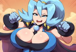 ai_generated areola_slip blue_hair clair_(pokemon) cleavage female huge_breasts looking_at_viewer mullon novelai pokemon pokemon_gsc