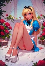 ai_generated alice_(disney) alice_in_wonderland alice_liddell ass bedoyasanti834 blonde_hair disney dress dripping_pussy high_heels platform_heels presenting_pussy pussy