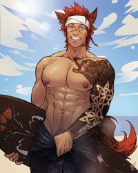 1boy abs animal_ears arm_tattoo beach black_hair bulge cocky final_fantasy final_fantasy_xiv headband looking_at_viewer male male_only miqo'te muscular muscular_arms muscular_chest nipple_piercing nipples pecs pov pov_eye_contact pubic_hair red_hair smile smiling_at_viewer smirk smirking_at_viewer smug solo solo_male standing surfboard surfer tail tattoo topless tosetsu two_tone_hair wallyandpeeps wetsuit wetsuit_pulled_down