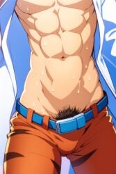 1boy ai_generated blue_belt crotch_focus guido_mista jojo's_bizarre_adventure male male_only muscular_male navel pubic_hair solo sweat vento_aureo