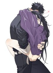 2boys belt black_hair black_jacket black_pants commentary_request demon_slayer_uniform fingernails heart himejima_gyoumei implied_sex jacket japanese_clothes kimetsu_no_yaiba kimono long_hair male_focus multiple_boys pants purple_kimono sal_gun short_hair simple_background sweat tsugikuni_michikatsu white_background white_belt yaoi