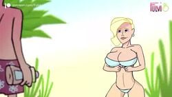 1boy 1girls animated bikini blonde_hair blue_eyes bouncing_breasts earrings english_text exposed_breasts female fulvi inverted_nipples large_breasts milf no_sound older_female older_woman_and_younger_boy outdoors patreon_username squeezing sunscreen tagme video