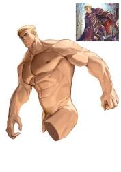 1boy abs bara blonde_hair closed_mouth completely_nude cropped_legs fire_emblem fire_emblem:_the_binding_blade fire_emblem_heroes flaccid foreskin foreskin_pull highres huge_pectorals large_pectorals male_focus male_only mature_male murdock_(fire_emblem) muscular muscular_male my_eight navel navel_hair nintendo nipples nude pectorals penis pubic_hair reference_inset solo strongman_waist thick_eyebrows thighs topless_male uncensored white_background