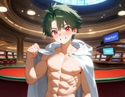 1boy ai_generated blossomtea blush casino dark_green_hair echidna_(maha_no_hanashi) eyebrows eyebrows_visible_through_hair genderswap_(ftm) green_hair grin hooded_cape kivotosxl_(model) maha_no_hanashi male male_focus masa_works_design mv_character navel nipples red_eyes rule_63 self_upload shirtless shirtless_male slight_blush slightly_muscular_male solo solo_male tagme vocaloid yodayo