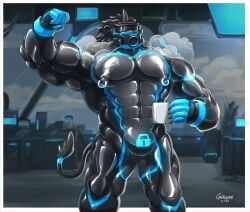 2022 abs absurd_res anthro areola barazoku biceps big_muscles biped drone dronesuit eyewear eyewear_on_head felid flexing flexing_bicep fur gag gas_mask glasses glasses_on_head glaucablitz hi_res holding_coffee_mug lion lock_bulge looking_at_viewer male mammal mane mask muscular muscular_anthro muscular_male muscular_sub nipple_piercing nipple_ring nipples pantherine pecs piercing ring_gag ring_piercing solo standing submissive submissive_anthro submissive_male white_mane