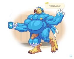 2020 4_fingers abs absurd_res animal_crossing anthro areola artist_name avian avian_feet balls beak biceps big_balls big_biceps biped bird blue_arms blue_balls blue_hair blue_hands blue_legs blue_neck brown_beak brown_claws claws columbid dialogue digital_drawing_(artwork) digital_media_(artwork) dodo english_text exclamation_point extinct fingers flaccid gameplay_mechanics genitals hair hi_res male monotone_face monotone_hair muscular muscular_legs muscular_male nintendo nipples nude nude_anthro nude_male open_mouth orville_(animal_crossing) overweight overweight_anthro overweight_male pecs penis recently_extinct_species signature solo speech_bubble standing sweatdrop_(iconography) talking_to_viewer text thick_arms thick_thighs tongue two_tone_balls white_balls white_fingers wolfiecanem