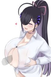 1boy 1girls areolae black_hair blush breasts dark-skinned_male dark_skin dullahan heart heart-shaped_pupils horns huge_breasts indie_virtual_youtuber light-skinned_female light_skin monster_girl nao_(ritsancrossover) nipples nose_blush paizuri penis purple_eyes purple_hair symbol-shaped_pupils virtual_youtuber yura_rikudou