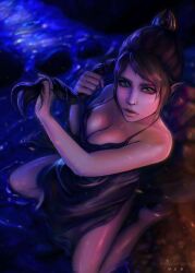 1girls 2d annaselena baldur's_gate baldur's_gate_3 big_breasts black_hair braid braided_hair elf_female fanart forgotten_realms from_above green_eyes looking_at_viewer on_knees pointy_ears scar shadowheart solo water wet_body wet_skin