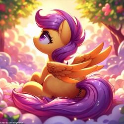 ai_generated anus ass bing_image_creator cub female_focus feral feral_only friendship_is_magic furry furry_female hasbro light_rays looking_up my_little_pony my_little_pony_friendship_is_magic nature orange_fur ponut purple_eyes purple_hair scootaloo_(mlp) solo solo_female tail vaginal_fluids wings