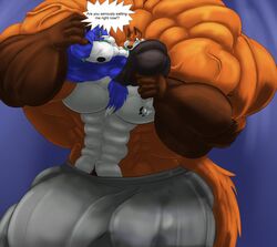 2015 5_fingers anthro balls big_balls big_bulge big_muscles big_penis black_nipples bottomwear bulge canid canine clothed clothing duo english_text extreme_muscles eyewear fierglief fingers fox genitals gilwal glasses holding_another huge_balls huge_bulge huge_cock huge_muscles hyper hyper_balls hyper_bulge hyper_genitalia hyper_muscles hyper_penis male male_only mammal muscular nipple_piercing nipples pants penis piercing screaming size_difference speech_bubble text topless tyrse