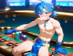 1boy ai_generated aqua_eyes aqua_hair arabian_clothes blossomtea blue_choker blue_gloves blush casino choker exotic_dancer eyebrows eyebrows_visible_through_hair gambling genderswap_(ftm) gloves hairclip kivotosxl_(model) loincloth looking_at_viewer maha's_story_series male male_focus masa_works_design mikuo_hatsune mv_character navel nipples ponytail ponytail_male rule_63 self_upload shirtless shirtless_male short_gloves short_ponytail slightly_muscular_male solo solo_male sweatdrops sweating the_dancer_(maha's_story) vocaloid yodayo