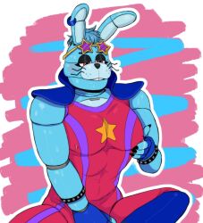 2024 animatronic anthro black_eyeshadow blue_body breasts bunny bunny_ears clothed clothing color colored eyes_half_open five_nights_at_freddy's five_nights_at_freddy's:_security_breach fnaf glamrock_bonnie_(fnaf) half-closed_eyes lagomorph lagomorph_humanoid leaking_milk leporid leporid_humanoid male_only manboobs rabbit rabbit_ears rabbit_humanoid red_eyes robot scottgames simple_background spaceandroids