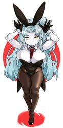 1girls angela_(lobotomy_corporation) big_breasts bunny_ears bunnysuit choker cleavage detached_collar female female_only gloves legs_together light_blue_hair lobotomy_corporation long_hair looking_at_viewer messy_hair neckband necktie necktie_between_breasts pale-skinned_female pale_skin pantyhose pose project_moon solo solo_female thick_thighs tied_hair very_high_resolution white_background wrist_cuffs yellow_eyes zanamaoria