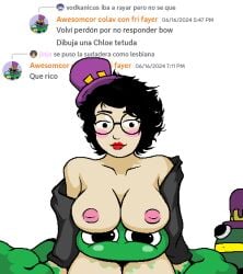 big_breasts blush bouser chloe_moriondo discord_(app) green_skin hat inverted_nipples lipstick loose_clothes loose_sweater ms_paint oc pink_areola red_lipstick round_breasts round_eyes round_glasses self_upload sitting slime slimy spanish_text sweater top_hat topless under_boob