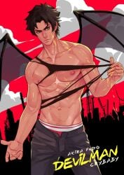 abs akira_fudou amber_eyes black_hair black_pants city cloud clouds devilman_crybaby happy_trail male_only maorenc red_background red_underwear resting_bitch_face ripped_shirt ripped_tank_top shirt_in_hand solo_male tan_skin unbuttoned_pants wings