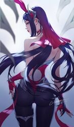 1girls artist_signature ass back_view battle_bunny_irelia big_ass black_hair blue_eyes bunny_costume bunny_ears bunny_tail bunnysuit citemer corset female female_only from_behind irelia_xan league_of_legends looking_back narrowed_eyes pantyhose solo source_request