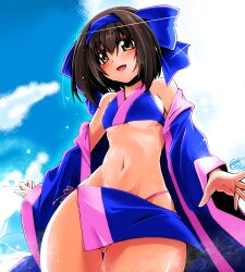 1girls ainu_clothes artist_name bikini blue_background blush breasts brown_eyes brown_hair female female_only from_below hair_ribbon highres legs looking_at_viewer looking_down medium_breasts open_clothes open_mouth ribbon rimururu samurai_shodown sideboob smile snk solo sweat swimsuit thick_thighs thighs thong_bikini toned underboob