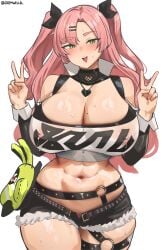 1girl 1girls abs breasts cromwellb female female_focus female_only green_eyes hi_res huge_breasts light-skinned_female light_skin long_hair midriff naughty_face nicole_demara peace_sign pink_hair solo solo_female solo_focus sweat sweaty sweaty_body sweaty_breasts thick_thighs thin_waist twintails venus_body voluptuous voluptuous_female wide_hips zenless_zone_zero