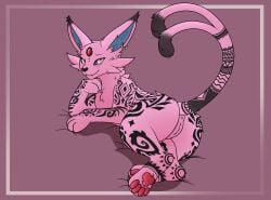 4_toes anus arm_tattoo ass blush butt_tattoo clitoral_hood digitigrade domestic_cat ear_piercing ear_ring eeveelution espeon feet felid feline felis female female_feral feral fur generation_2_pokemon genitals hi_res hindpaw humanoid_genitalia humanoid_genitalia_on_feral humanoid_pussy humanoid_pussy_on_feral leg_tattoo looking_at_viewer mammal nintendo pawpads paws piercing pink_body pink_fur pink_pawpads pokemon pokemon_(species) pussy quadruped ring_piercing simple_background solo spotxy tail tattoo toes