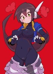 aile assisted_exposure blush bodysuit breasts brown_hair buzzlyears clothes_pull covered_erect_nipples disembodied_hand female green_eyes large_breasts long_hair mega_man mega_man_zx_advent navel no_mouth pantsing ponytail shorts shorts_pull very_long_hair