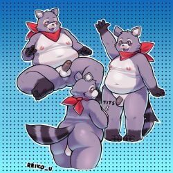 absurd_res anthro anus ass balls belly big_butt blush erection flaccid fur genitals grey_body grey_fur hi_res indigo_park kerchief male mammal moobs navel neckerchief nipples nude overweight penis procyonid raccoon rambley_(indigo_park) reiko_u solo