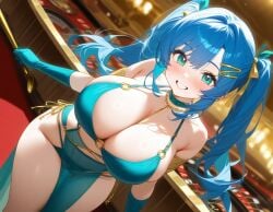 ai_generated aqua_eyes aqua_hair arabian_clothes blossomtea blue_choker blue_eyebrows blue_gloves casino chimera_(maha&#039;s_story) choker exotic_dancer eyebrows eyebrows_visible_through_hair female gloves gold_jewelry golden_necklace golden_ribbon grin hairclip hatsune_miku huge_breasts loincloth long_gloves long_hair looking_at_viewer maha&#039;s_story_series masa_works_design o-ring o-ring_top ribbons self_upload slight_blush solo solo_female strips twintails vocaloid yodayo