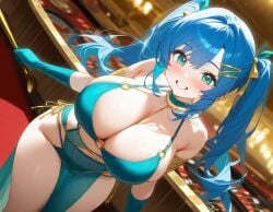 ai_generated aqua_eyes aqua_hair arabian_clothes blossomtea blue_choker blue_eyebrows blue_gloves casino choker exotic_dancer eyebrows eyebrows_visible_through_hair female gloves gold_jewelry golden_necklace golden_ribbon grin hairclip hatsune_miku huge_breasts kivotosxl_(model) loincloth long_gloves long_hair looking_at_viewer maha's_story_series masa_works_design o-ring o-ring_top ribbons self_upload slight_blush solo solo_female strips the_dancer_(maha's_story) twintails vocaloid yodayo