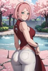 1girls ai_generated aindroidparanoid ass boruto:_naruto_next_generations cameltoe female female_only from_behind green_eyes huge_ass huge_breasts huge_butt human japanese_clothes jeans large_ass large_breasts large_butt narrow_waist naruto naruto_(series) naruto_shippuden outdoors panties pink_hair red_clothing round_ass sakura_haruno showing_ass solo spring stable_diffusion