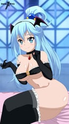 1girls aqua_(konosuba) blue_eyes blue_hair cosplay female female_only indexryo kono_subarashii_sekai_ni_shukufuku_wo! looking_at_viewer sitting succubus_(konosuba) succubus_(konosuba)_(cosplay) tagme thighhighs