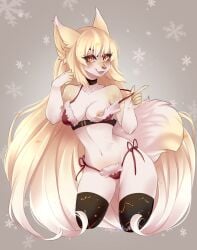 anthro blonde_hair blush breasts bunnywhiskerz canid canine clothed clothing collar digital_media_(artwork) female fluffy fluffy_tail fox hair hi_res kneeling legwear long_hair looking_at_viewer mammal nipple_slip nipples off_shoulder open_mouth orange_eyes shaded solo tail teasing thigh_highs