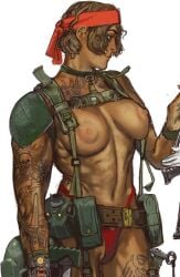 1girls astra_militarum bandana brown_hair catachan_jungle_fighters dark-skinned_female dark_hair dark_skin female fit fit_female guardswoman_(warhammer_40k) imperial_guard imperium_of_man mossa muscular muscular_female short_hair tattoo tomboy toned toned_female warhammer_(franchise) warhammer_40k white_background