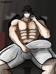 artherarts balls bara big_balls big_penis black_hair daddy dilf foreskin hairy_chest jujutsu_kaisen male male_nipples male_only male_pubic_hair manly mature_male muscular_male nipples nude penis sweat sweating toji_fushiguro uncut wet