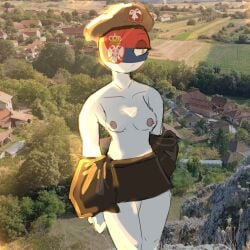 almost_naked beret breasts breasts_out countryhumans countryhumans_girl eyepatch female girl kingkokoko35 nipples sad serbia_(countryhumans) shirt_down topless topless_female