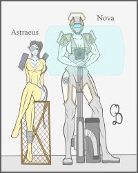 astraeus_(crossout) blue_skin clothed_female crossout energy_shield humanized minigun muscular_female nova_(crossout) oracle_dominus special_clothing tattoo yellow_clothing