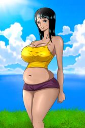 bellywg black_hair chubby crop_top dark-skinned_female dark_skin fat_female female female_only nico_robin one_piece pre-timeskip sweatdrop tagme tan_skin weight_gain wide_hips