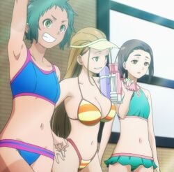 1girls 3girls big_breasts bikini black_hair blonde_hair breasts busty cleavage confident female female_only forehead green_eyes grin hand_on_own_hip kaii_to_otome_to_kamikakushi large_breasts leaning_forward legs long_hair multiple_girls navel one-piece_swimsuit pose posing screencap sensual short_hair smile solo stitched swimsuit tan tanline thighs third-party_edit thong_bikini usami_erika yellow_eyes