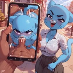 ai_generated angry_face ass before_and_after blowjob breasts cellphone cum dark-skinned_male deepthroat female from_behind furry juxtaposition male/female nicole_watterson nikk_ai partial_male photo photo_comparison the_amazing_world_of_gumball