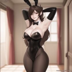 1girls ai_generated blush breasts brown_hair bunny_ears bunnysuit exposed_breasts female female_only fluffy hair human jaiden jaiden_animations jaidenanimations long_hair playboy_bunny pussy smile solo white_body