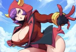 1girls ai_generated alternate_breast_size areola_slip cleavage courtney_(pokemon) female female_only huge_breasts mullon novelai open_clothes pokemon pokemon_oras pokemon_rse solo thick_thighs