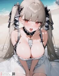 ai_generated azur_lane bare_shoulders beach between_breasts blush breasts cleavage collarbone day dmk_meow dress female formidable_(azur_lane) frilled_dress frills grey_hair hair_ribbon large_breasts long_hair looking_at_viewer ocean open_mouth outdoors patreon_username red_eyes ribbon sand sitting solo tongue tongue_out twintails two-tone_ribbon very_long_hair water white_dress