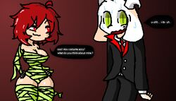 1boy 1girls anthro asriel_dreemurr big_breasts brother_and_sister chara conversation female_human goat goat_horns green_eyes halloween_costume horns human male_anthro red_hair red_pupils sweat sweating teasing the_absolute thick_thighs undertale white_fur