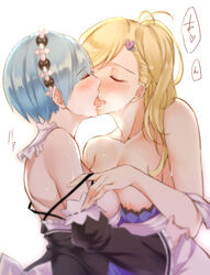 2girls areola_slip areolae assisted_exposure asymmetrical_hair bangs bare_shoulders blonde_hair blue_hair blush breasts closed_eyes dress_pull eyebrows_visible_through_hair female french_kiss hair_ornament heart_hair_ornament high_resolution kissing large_breasts lesbian_kiss looking_pleasured maid maid_headdress minerva_(re:zero) multiple_girls mutual_yuri ponytail pulling re:zero_kara_hajimeru_isekai_seikatsu rem_(re:zero) side_ponytail sweat swept_bangs tied_hair undressing white_background yuri